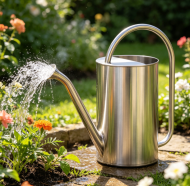 Black high-capacity stainless steel long-spout watering can for home gardening - Image 2