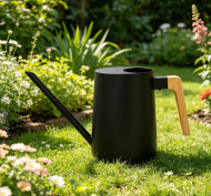 Black Stainless Steel Long-Spout Watering Can – Solid Wood Handle, for Precision Indoor Watering