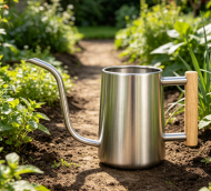 Black stainless steel long-spout watering can for home gardening and potted plants