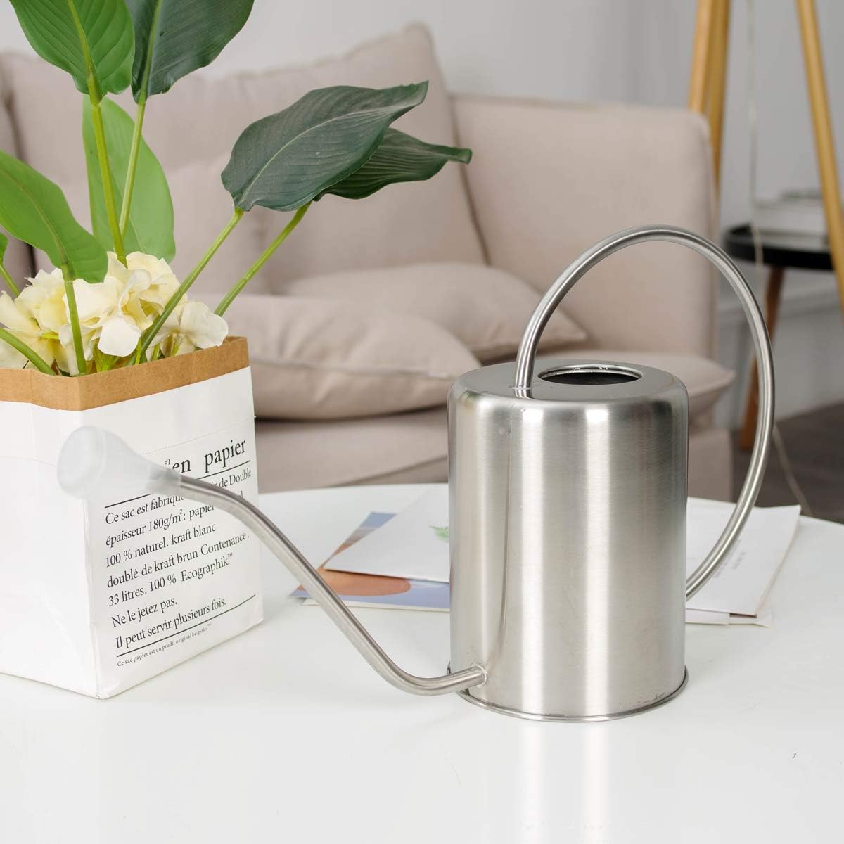 61tIWl-pGpL._AC_SL1200_.jpg Silver stainless steel long-spout watering can with detachable nozzle - Image 1