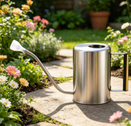 Black stainless steel long-spout watering can with detachable nozzle for indoor and outdoor use