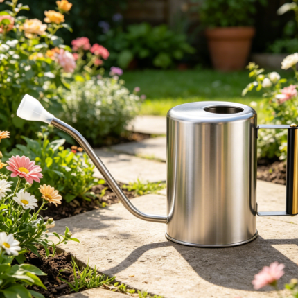 Black stainless steel long-spout watering can with detachable nozzle for indoor and outdoor use